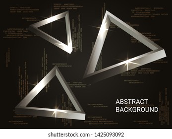 Triangle metal sparkle on background. Creative geometric background. Abstract composition. 3D vector illustration . Silver  three-dimensional triangle metal in space.
