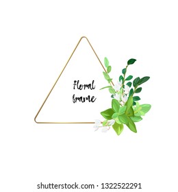 Triangle metallic gold frame with white flowers, eucalyptus leaves and succulent plants. Modern minimalistic vector design.