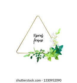 Triangle metallic gold frame with white flowers, eucalyptus leaves and succulent plants. Modern minimalistic vector design.