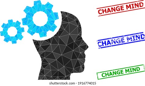 Triangle mind gears polygonal icon illustration, and grunge simple Change Mind stamp seals. Mind Gears icon is filled with triangles. Simple seals uses lines, rects in red, blue, green colors.