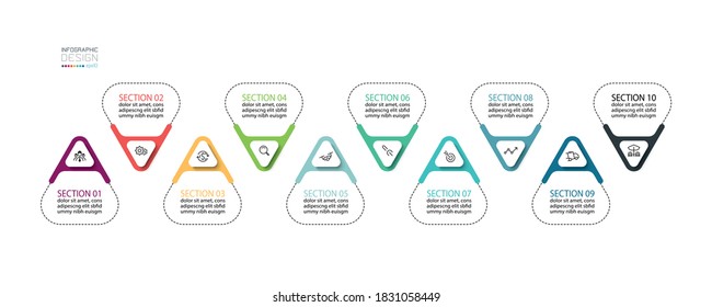 Triangle modern design by in infographic has 10 sections can use education, brochure, and advertising. vector design.