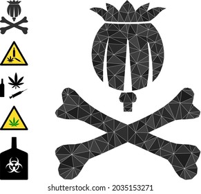 Ilustración triangular de símbolo poligonal de opio mortal e iconos similares. El opio moral se llena de triángulos. Apio mortal de polos bajos diseñado con triángulos llenos dispersos.