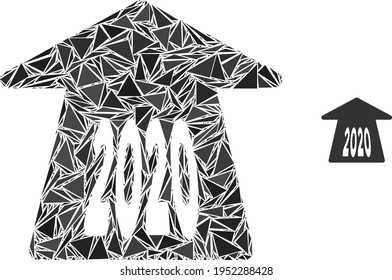 Triangle mosaic 2020 forward arrow icon. 2020 forward arrow vector mosaic icon of triangle elements which have randomised sizes, and positions, and color shades.