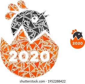 Triangle mosaic 2020 hatch chick icon. 2020 hatch chick vector mosaic icon of triangle elements which have randomised sizes, and positions, and color tones. Abstract 2d triangle 2020 hatch chick,