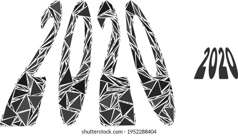 Triangle mosaic 2020 perspective digits icon. 2020 perspective digits vector mosaic icon of triangle elements which have various sizes, and positions, and color shades.