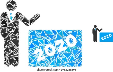 Triangle mosaic 2020 showing man icon. 2020 showing man vector mosaic icon of triangle items which have various sizes, and positions, and color tones. Abstract flat triangle 2020 showing man,