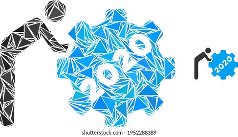 Triangle mosaic 2020 worker rolling gear icon. 2020 worker rolling gear vector mosaic icon of triangle elements which have various sizes, and positions, and color shades.
