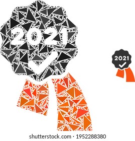 Triangle mosaic 2021 approve award icon. 2021 approve award vector mosaic icon of triangle items which have randomised sizes, and positions, and color tints. Abstract flat triangle 2021 approve award,