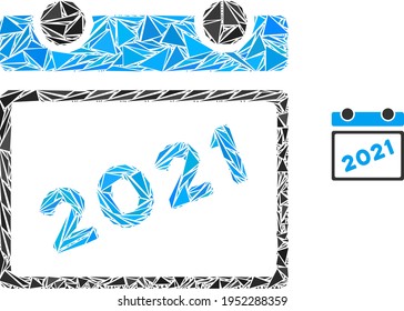 Triangle mosaic 2021 calendar leaf icon. 2021 calendar leaf vector mosaic icon of triangle items which have different sizes, and positions, and color tinges. Abstract flat triangle 2021 calendar leaf,