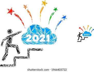 Triangle mosaic 2021 fireworks cloud steps icon. 2021 fireworks cloud steps vector mosaic icon of triangle items which have variable sizes, and positions, and color tints.