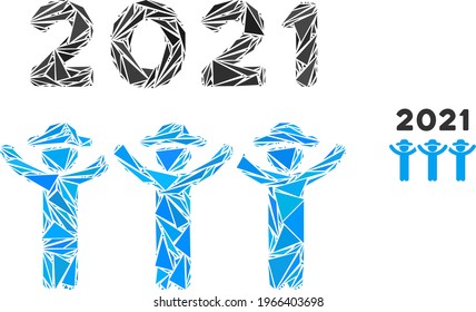 Triangle mosaic 2021 gentlemen dance icon. 2021 gentlemen dance vector mosaic icon of triangle items which have randomised sizes, and positions, and color tints.