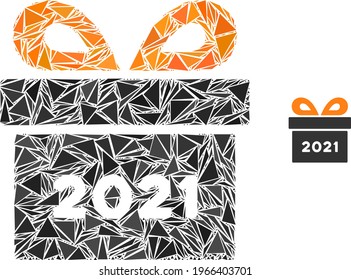 Triangle mosaic 2021 gift icon. 2021 gift vector mosaic icon of triangle items which have variable sizes, and positions, and color tinges. Abstract 2d triangle 2021 gift, built from triangles.