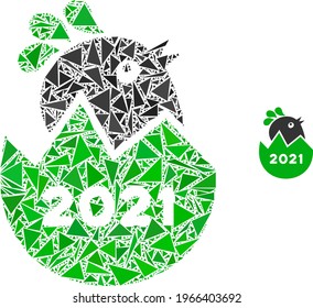 Triangle mosaic 2021 hatch chick icon. 2021 hatch chick vector mosaic icon of triangle items which have randomised sizes, and positions, and color tinges. Abstract 2d triangle 2021 hatch chick,