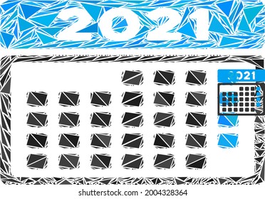 Triangle mosaic 2021 month calendar icon. 2021 month calendar vector mosaic icon of triangle items which have variable sizes, and positions, and color tones.