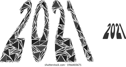 Triangle mosaic 2021 perspective digits icon. 2021 perspective digits vector mosaic icon of triangle elements which have variable sizes, and positions, and color tints.