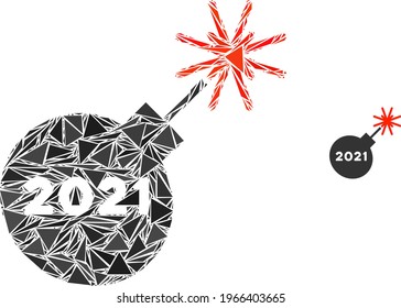 Triangle mosaic 2021 petard icon. 2021 petard vector mosaic icon of triangle elements which have randomised sizes, and positions, and color tinges. Abstract flat triangle 2021 petard,