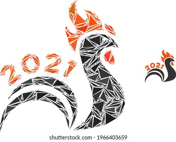 Triangle mosaic 2021 rooster tail icon. 2021 rooster tail vector mosaic icon of triangle items which have different sizes, and positions, and color shades. Abstract flat triangle 2021 rooster tail,