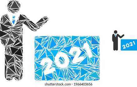 Triangle mosaic 2021 showing man icon. 2021 showing man vector mosaic icon of triangle elements which have randomised sizes, and positions, and color tinges. Abstract flat triangle 2021 showing man,