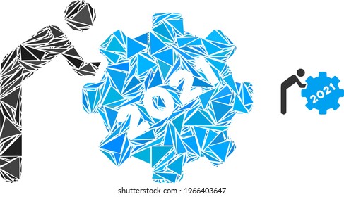 Triangle mosaic 2021 worker rolling gear icon. 2021 worker rolling gear vector mosaic icon of triangle items which have various sizes, and positions, and color tones.