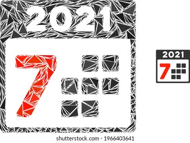 Triangle mosaic 2021 year 7 days icon. 2021 year 7 days vector mosaic icon of triangle items which have various sizes, and positions, and color tinges. Abstract 2d triangle 2021 year 7 days,