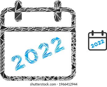 Triangle mosaic 2022 calendar page icon. 2022 calendar page vector mosaic icon of triangle items which have variable sizes, and positions, and color tints. Abstract 2d triangle 2022 calendar page,