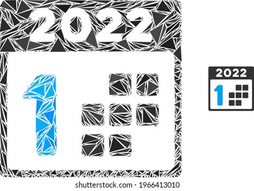 Triangle mosaic 2022 first day icon. 2022 first day vector mosaic icon of triangle elements which have randomised sizes, and positions, and color tints. Abstract 2d triangle 2022 first day,