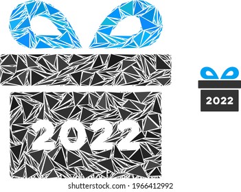 Triangle mosaic 2022 gift icon. 2022 gift vector mosaic icon of triangle items which have variable sizes, and positions, and color shades. Abstract 2d triangle 2022 gift, built from triangles.