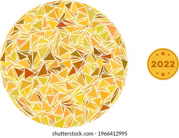 Triangle mosaic 2022 gold coin icon. 2022 gold coin vector mosaic icon of triangle items which have different sizes, and positions, and color tinges. Abstract 2d triangle 2022 gold coin,