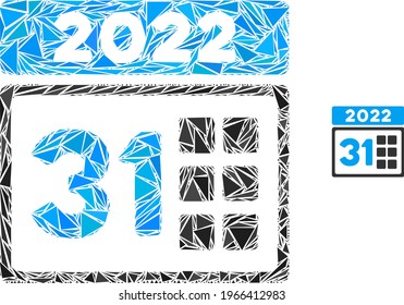 Triangle mosaic 2022 last day icon. 2022 last day vector mosaic icon of triangle elements which have variable sizes, and positions, and color hues. Abstract 2d triangle 2022 last day,
