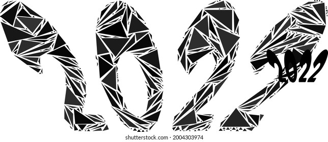 Triangle mosaic 2022 perspective text icon. 2022 perspective text vector mosaic icon of triangle elements which have different sizes, and positions, and color tinges.