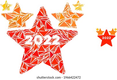Triangle mosaic 2022 star hit parade icon. 2022 star hit parade vector mosaic icon of triangle items which have different sizes, and positions, and color shades.