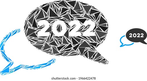 Triangle mosaic 2022 webinar icon. 2022 webinar vector mosaic icon of triangle elements which have various sizes, and positions, and color tints. Abstract flat triangle 2022 webinar,