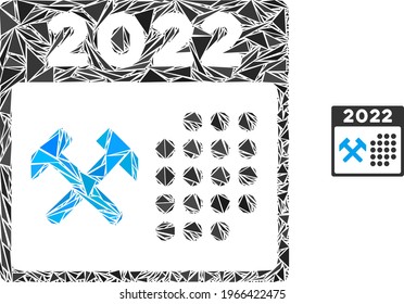 Triangle mosaic 2022 working days icon. 2022 working days vector mosaic icon of triangle items which have variable sizes, and positions, and color tints. Abstract flat triangle 2022 working days,