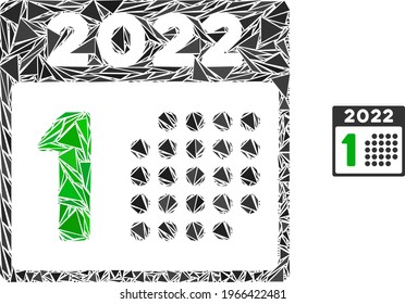 Triangle mosaic 2022 year first day icon. 2022 year first day vector mosaic icon of triangle elements which have variable sizes, and positions, and color tones.