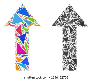 Triangle mosaic Arrow up icons constructed from triangle items in different sizes, positions and proportions. Vector triangular polygons are united into abstract mosaic arrow up icons,