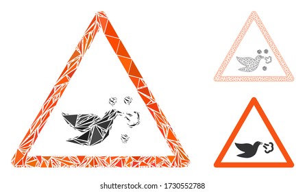 Icono de advertencia de gripe aviar en mosaico triangular con modelo vectorial de malla. Icono de collage de advertencia de gripe aviar de elementos triangulares que tienen tamaños y posiciones aleatorias, y tintos de color.