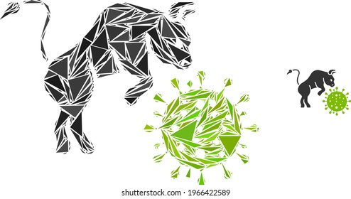 Triangle mosaic bull attacks coronavirus icon. Bull attacks coronavirus vector mosaic icon of triangle items which have different sizes, and positions, and color hues.
