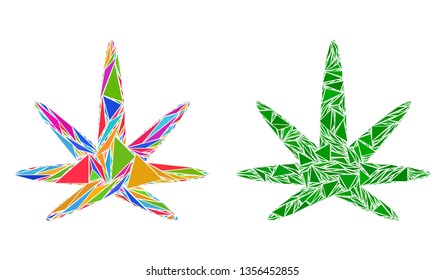 Triangle mosaic Cannabis leaf icons composed of triangle items in different sizes, positions and proportions. Vector triangles are composed into abstract puzzle cannabis leaf icons,