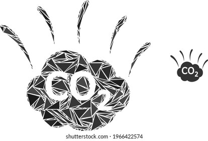 Triangle mosaic CO2 emission cloud icon. CO2 emission cloud vector mosaic icon of triangle elements which have different sizes, and positions, and color shades.