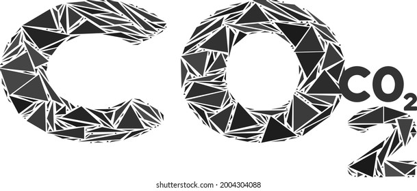 Triangle mosaic CO2 formula icon. CO2 formula vector mosaic icon of triangle elements which have various sizes, and positions, and color tones. Abstract flat triangle CO2 formula,