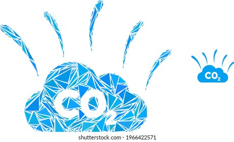 Triangle mosaic CO2 smoke emission icon. CO2 smoke emission vector mosaic icon of triangle elements which have randomised sizes, and positions, and color tones.