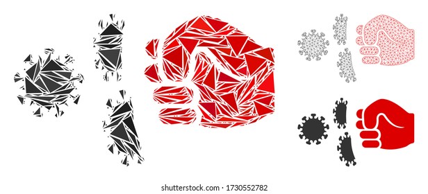 Triangle mosaic coronavirus fist strike icon with mesh vector model. Coronavirus fist strike collage icon of triangle elements which have different sizes, and positions, and color tints.