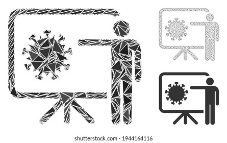 Triangle mosaic coronavirus lecture icon with mesh vector model. Coronavirus lecture mosaic icon of triangle items which have various sizes, and positions, and color tints.