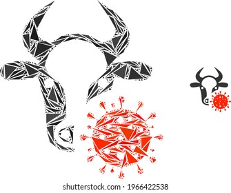 Triangle mosaic cow coronavirus icon. Cow coronavirus vector mosaic icon of triangle elements which have various sizes, and positions, and color tones. Abstract 2d triangle cow coronavirus,