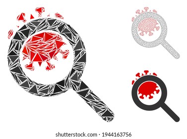Triangle mosaic explore coronavirus icon with mesh vector model. Explore coronavirus mosaic icon of triangle elements which have variable sizes, and positions, and color shades.