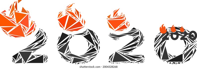 Triangle mosaic fired 2020 year icon. Fired 2020 year vector mosaic icon of triangle elements which have different sizes, and positions, and color tones. Abstract flat triangle fired 2020 year,