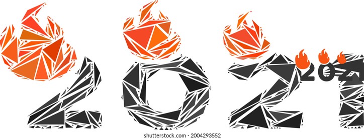 Icono de mosaico de triángulo disparado 2021 año. Icono de mosaico vectorial de 2021 año de disparo de elementos triangulares que tienen varios tamaños, posiciones y matices de color. Resumen del triángulo plano disparado 2021 año,