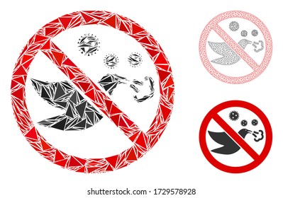 Icono de la gripe aviar prohibida en mosaico triangular con modelo vectorial de malla. Icono de mosaico de gripe aviar prohibido de elementos triangulares que tienen diferentes tamaños, posiciones y tonos de color.