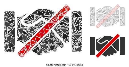 Triangle mosaic forbidden handshakes icon with mesh vector model. Forbidden handshakes mosaic icon of triangle items which have various sizes, and positions, and color tints.