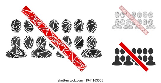 Triangle mosaic forbidden people group icon with mesh vector model. Forbidden people group mosaic icon of triangle elements which have variable sizes, and positions, and color tints.
